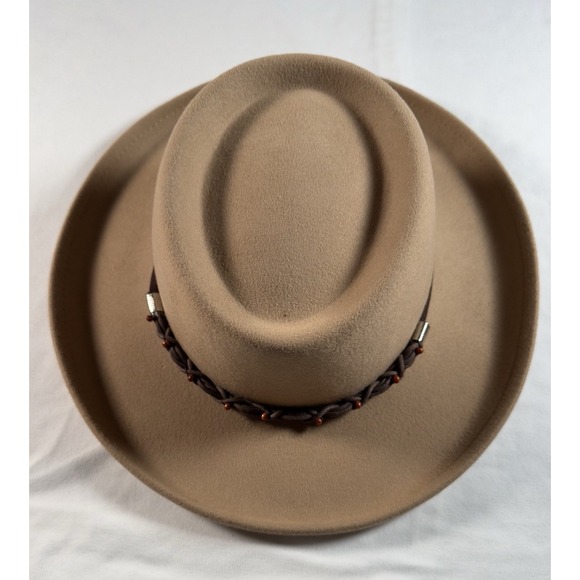 Coldwater Creek Accessories - Coldwater Creek Hat Women Wool Fedora Tan Beige Western Beaded Band Vintage
